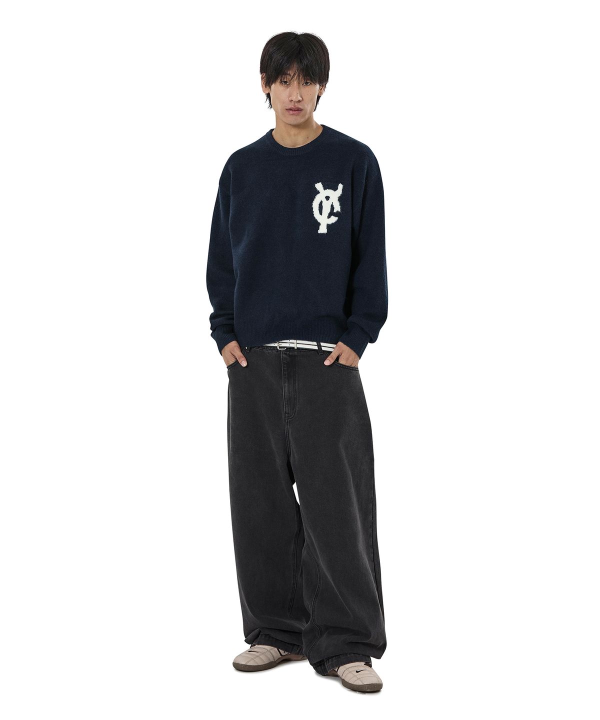 오픈야드(오와이)(OPENYARD(OY)) WAVY LOGO KNIT - NAVY