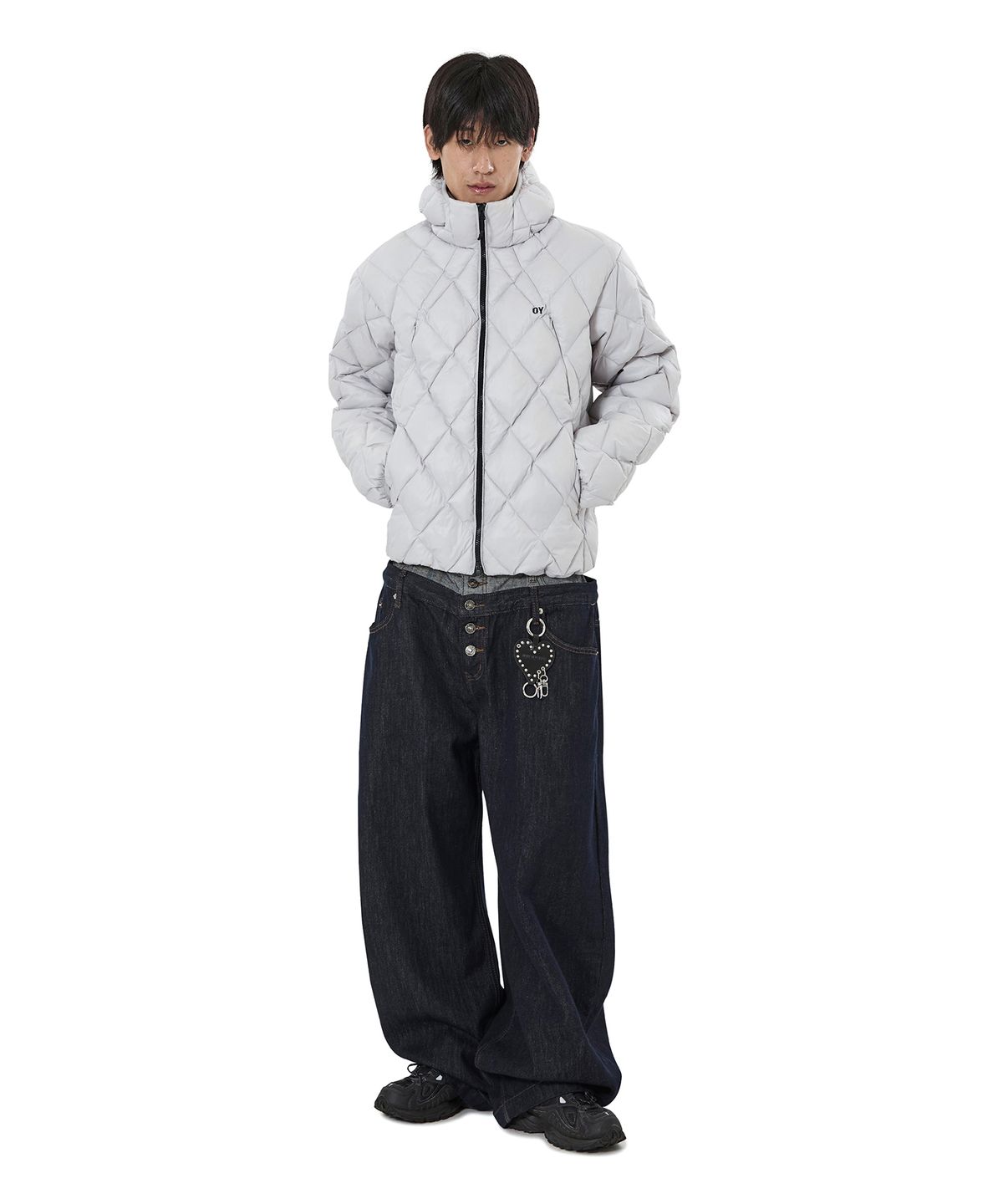 오픈야드(오와이)(OPENYARD(OY)) DIAMOND QUILTED CURVED PANEL LIGHTWEIGHT PUFFER JACKET - LIGHT GREY