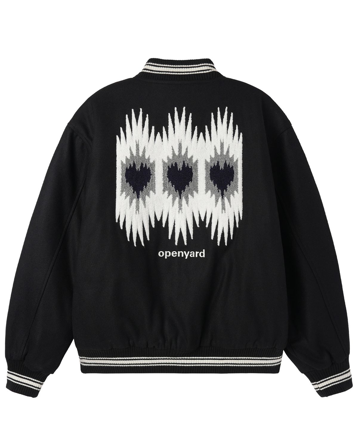 오픈야드(오와이)(OPENYARD(OY)) ETHNIC BOUCLE EMBROIDERY VARSITY JACKET - BLACK