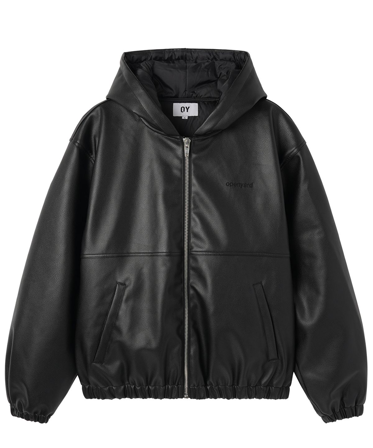 오픈야드(오와이)(OPENYARD(OY)) EMBOSSED CROSS FAUX LEATHER HOODED JACKET -BLACK