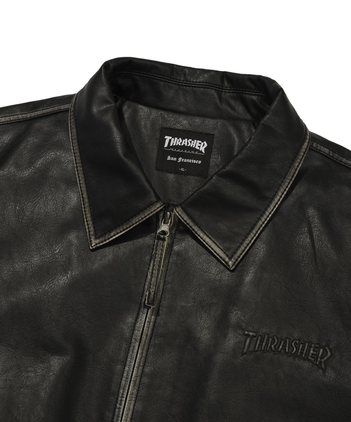 트레셔(THRASHER) 매거진 로고 에이징 레더 점퍼 블랙