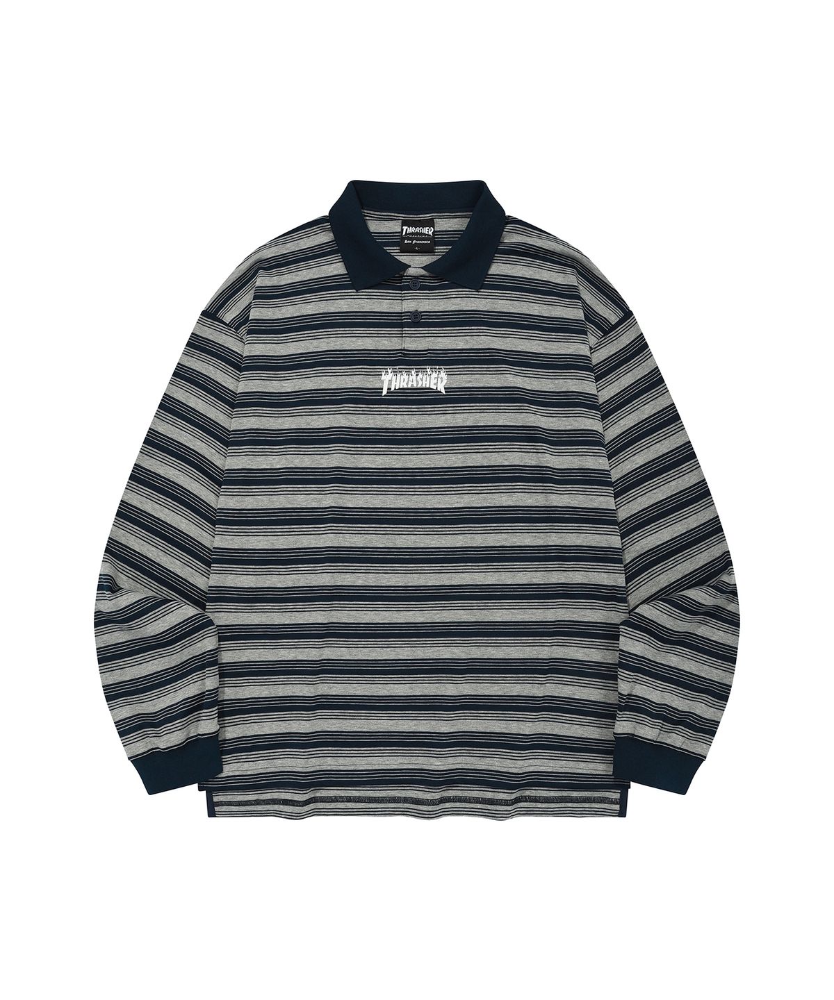 트레셔(THRASHER) 카라 스트라이프 롱 슬리브 네이비