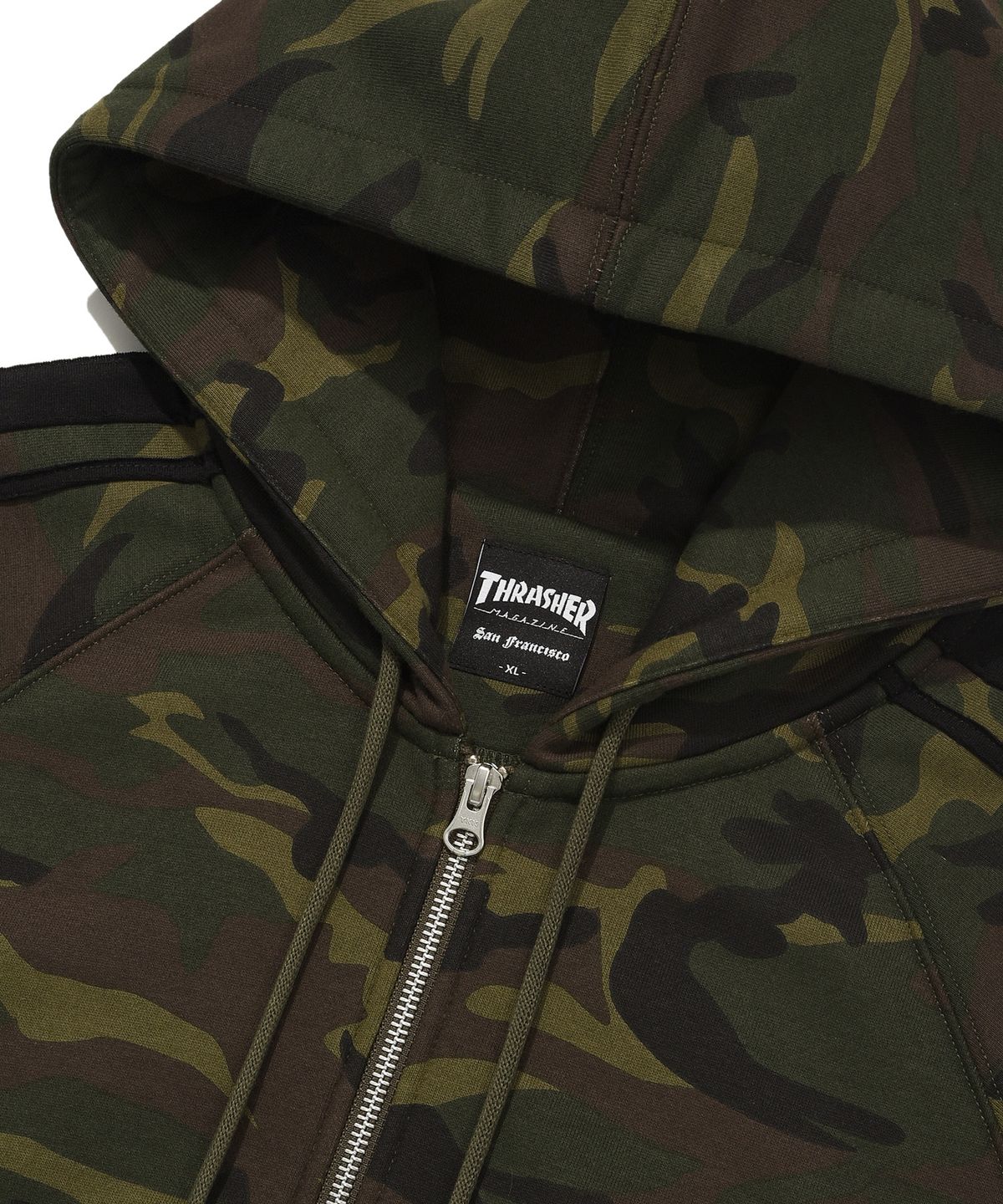 트레셔(THRASHER) 플레임 워시드 트랙 후드집업 카모