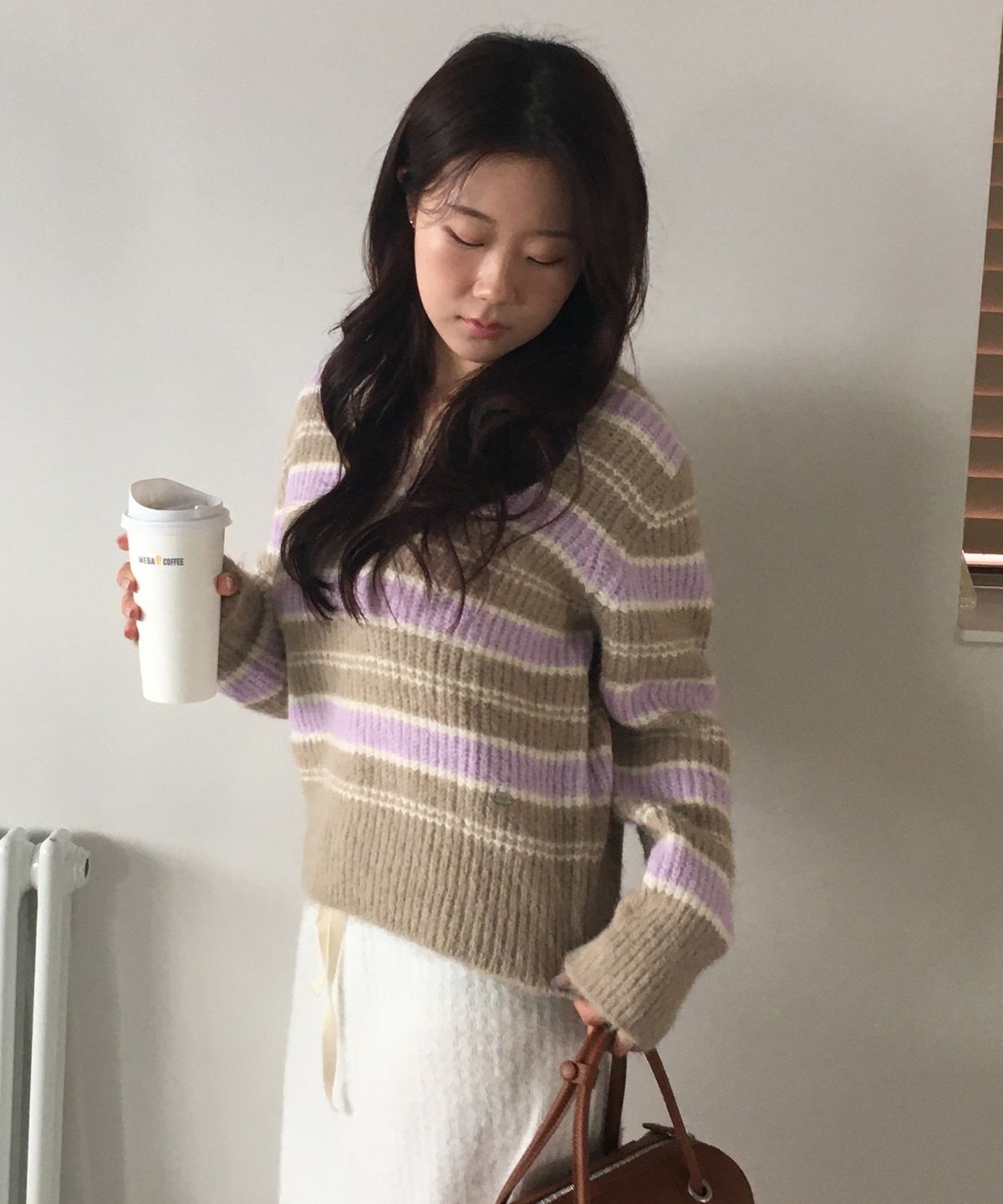 마인드브릿지 우먼(MIND BRIDGE WOMEN) [W]브이넥 스트라이프 헤어리 니트