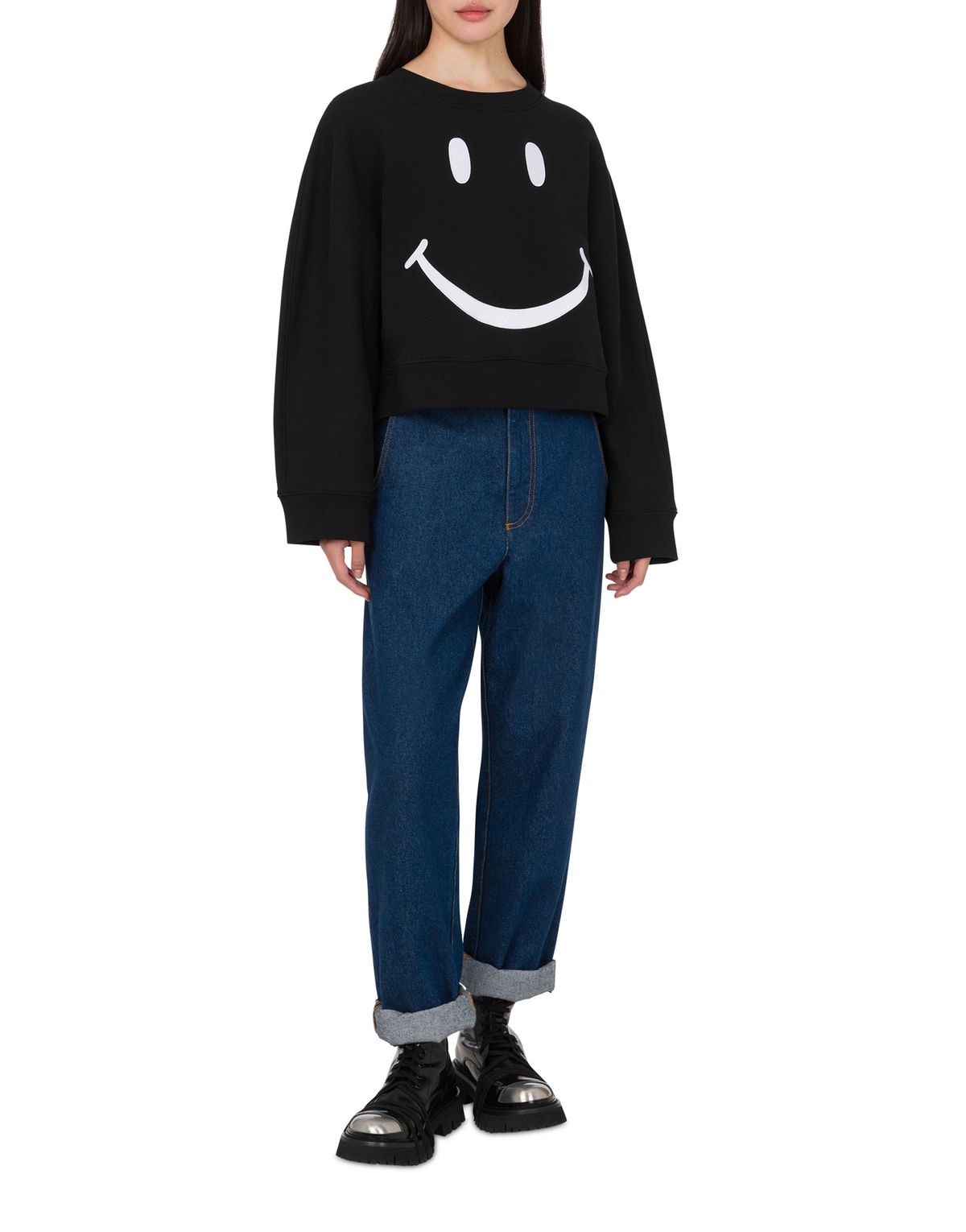 모스키노(MOSCHINO) 스마일리 오버 크롭 스웻셔츠