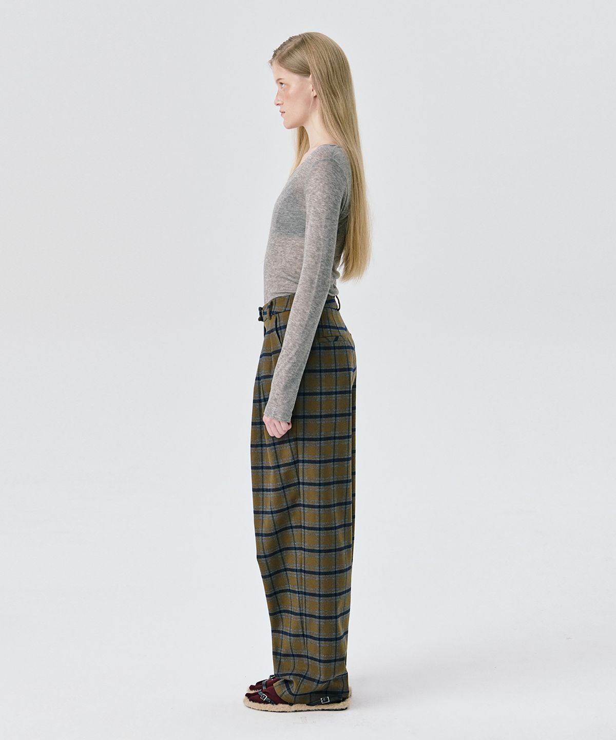 분더캄머(WNDERKAMMER) Check Wide Tuck Pants_Khaki(체크 와이드 턱 팬츠_카키)
