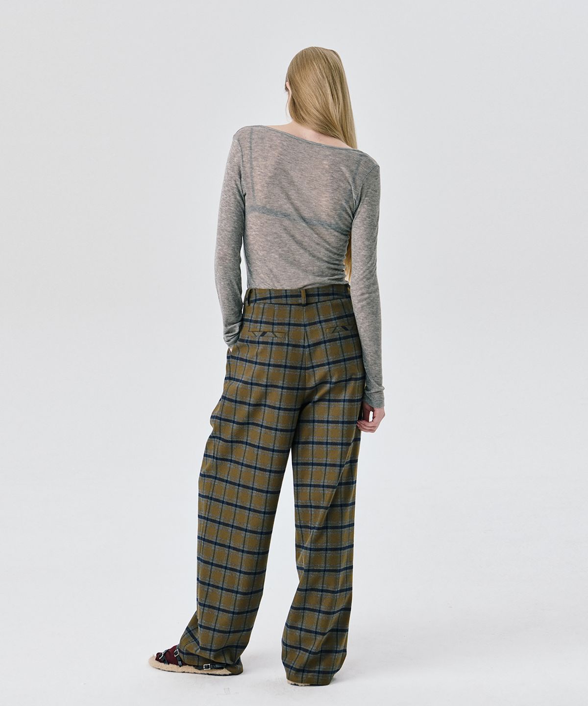 분더캄머(WNDERKAMMER) Check Wide Tuck Pants_Khaki(체크 와이드 턱 팬츠_카키)