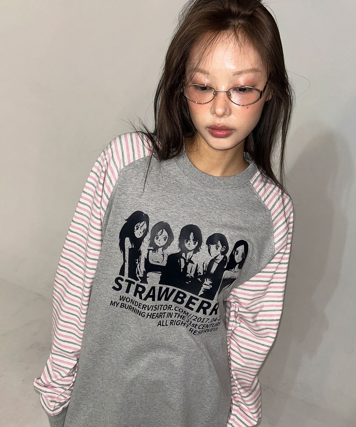 원더비지터(WONDERVISITOR) Strawberry Con-po Raglan LS-T [Melange grey]