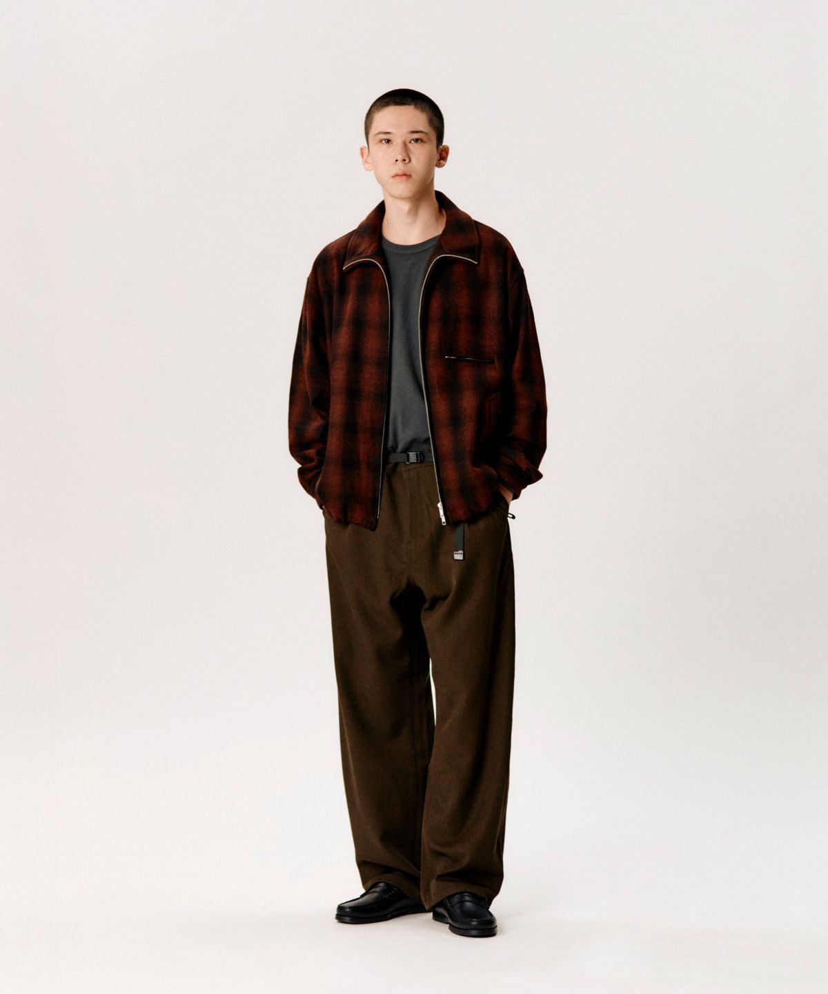 에스피오나지(ESPIONAGE) Wool Blend Plaid Track Blouson Brown