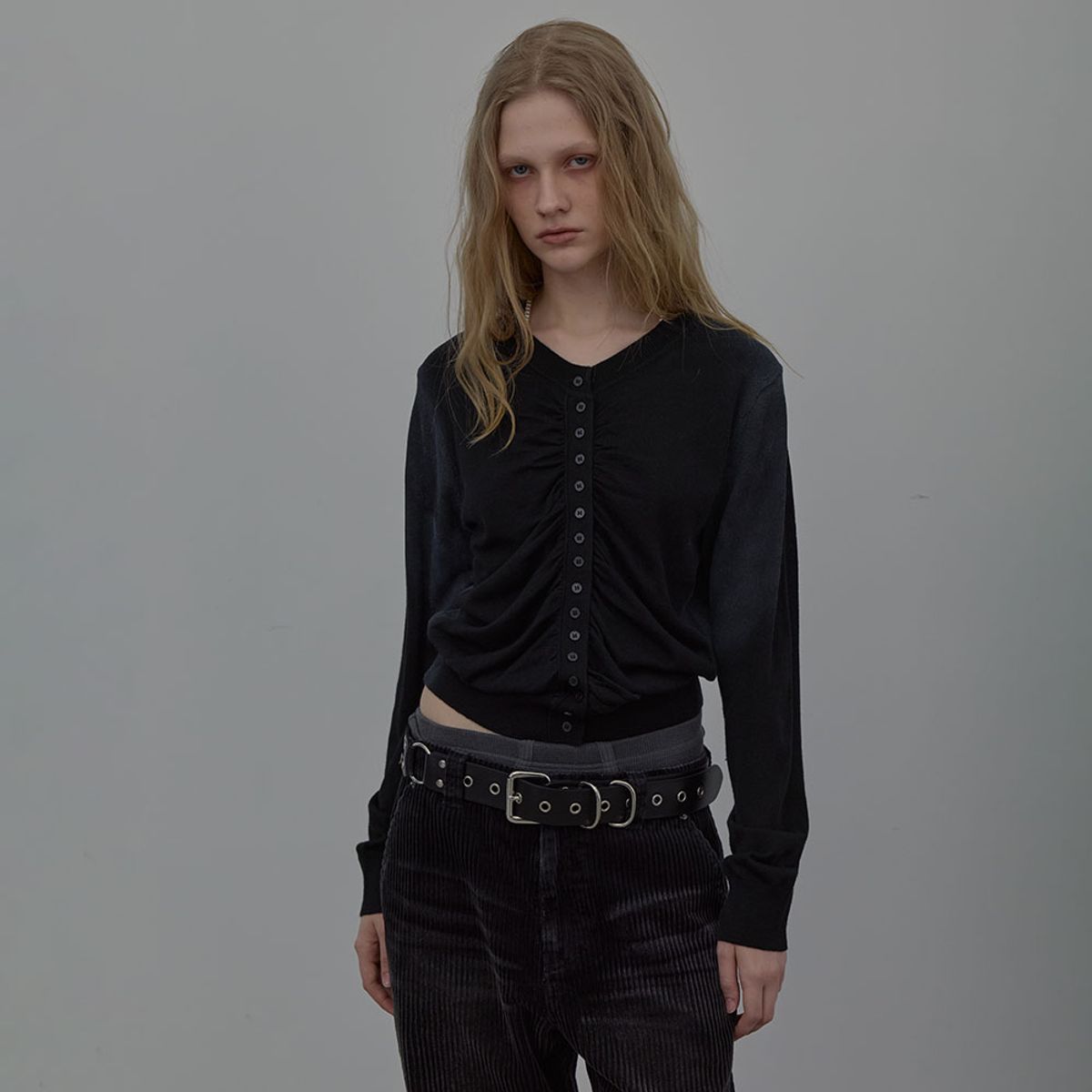 엘씨디씨티엠(LCDC™) SPRAY WASHED SHIRRING CARDIGAN (BLACK)