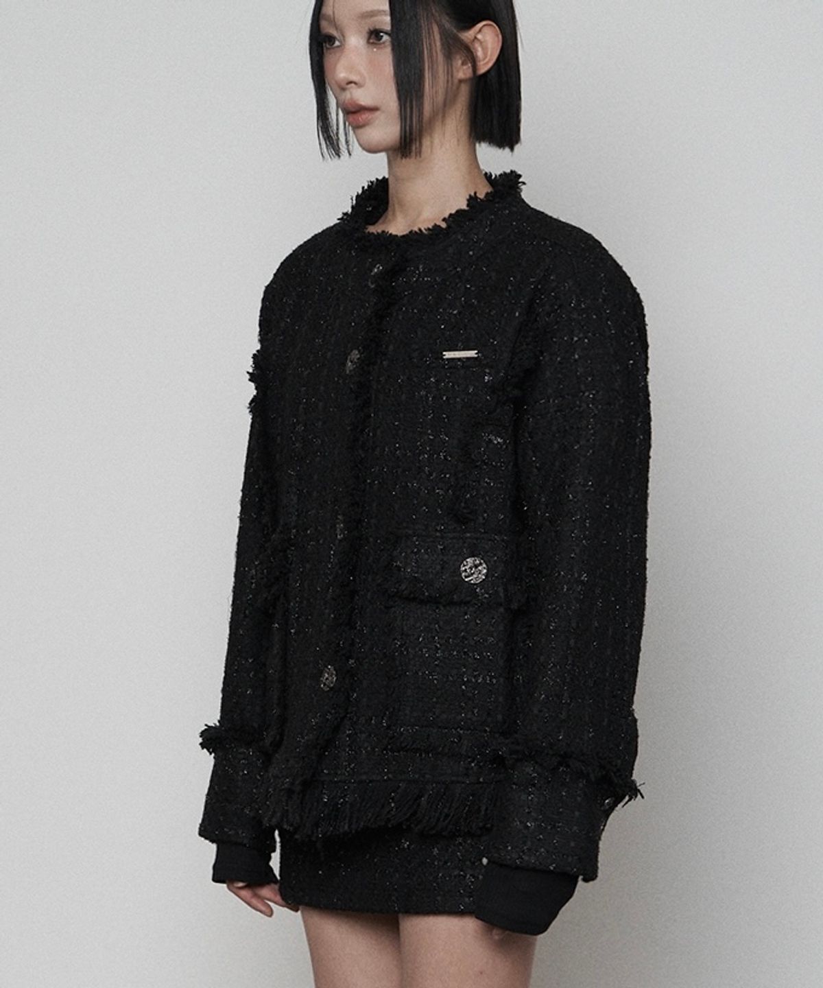 에트오소메(ETRE AU SOMMET) Back- belt Pocket Overfit Tweed Jacket ( BLACK )