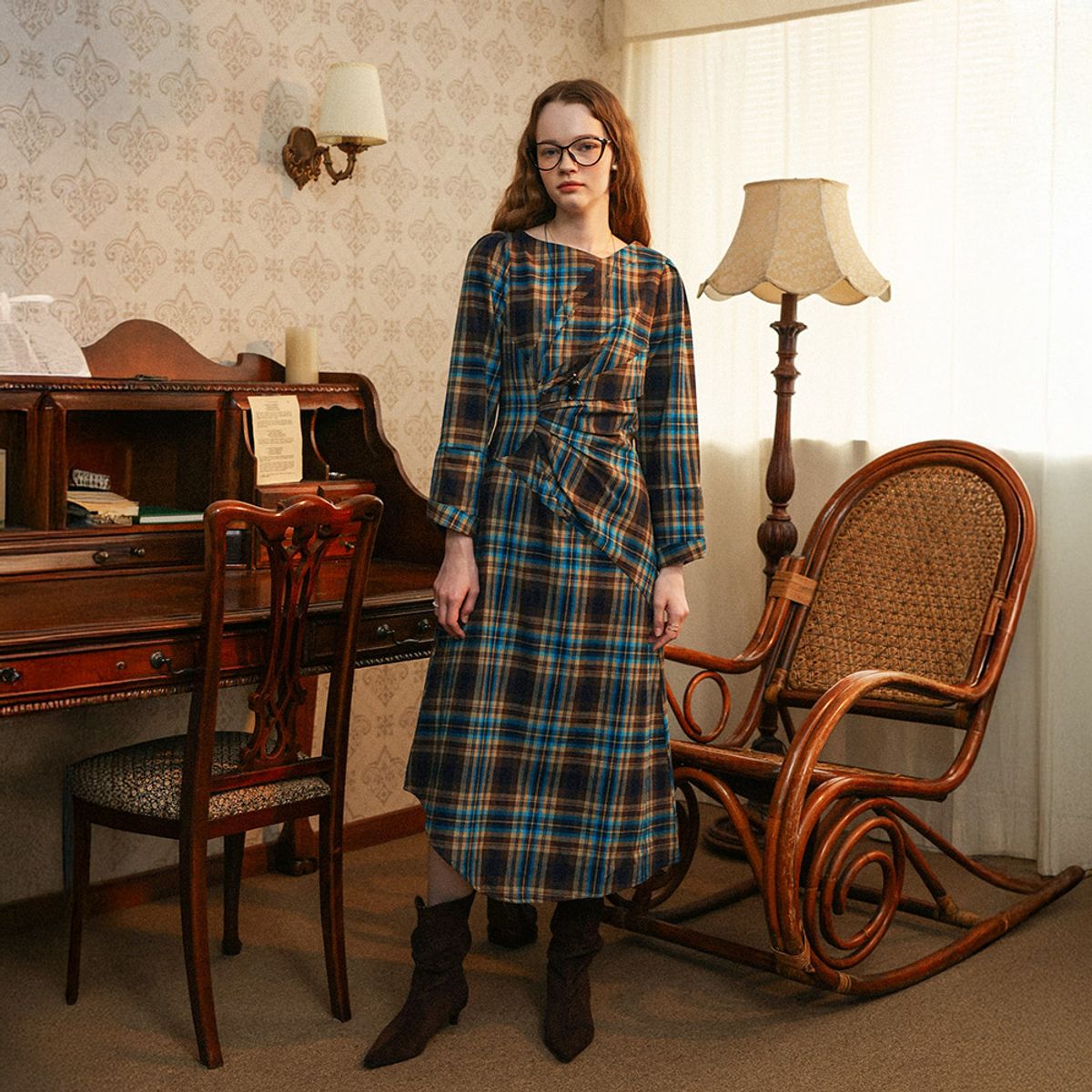 던드롭(DUNDROP) DD_Autumn green plaid dress