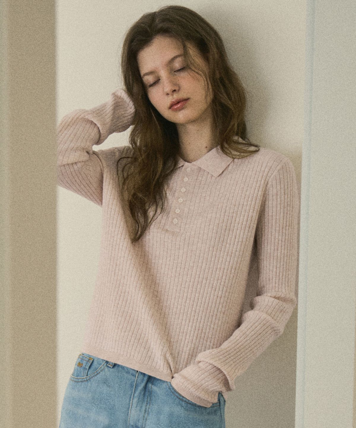 아우어노스텔지아(OURNOSTALGIA) deer ribbed collar knit_Light pink(OC25-KN01)
