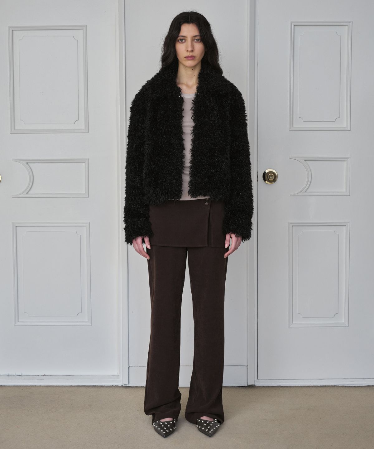 시메트릭 퍼센트(SYMMETRICPERCENT) Faux Fur Crop Jacket / Black