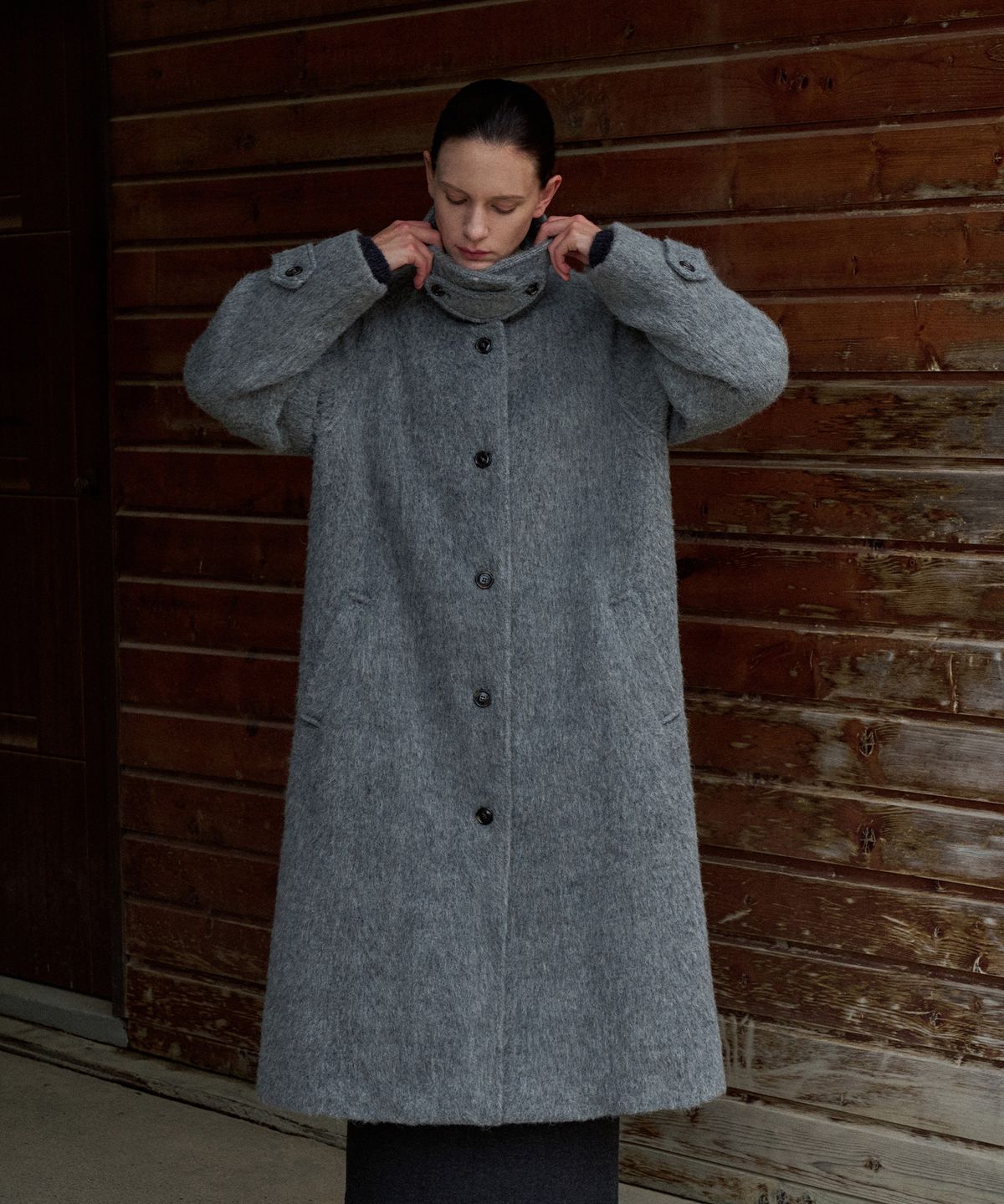 라메레이(LAMEREI) Alpaca Balmacan Long Coat[LMBEWICT705]-Gray