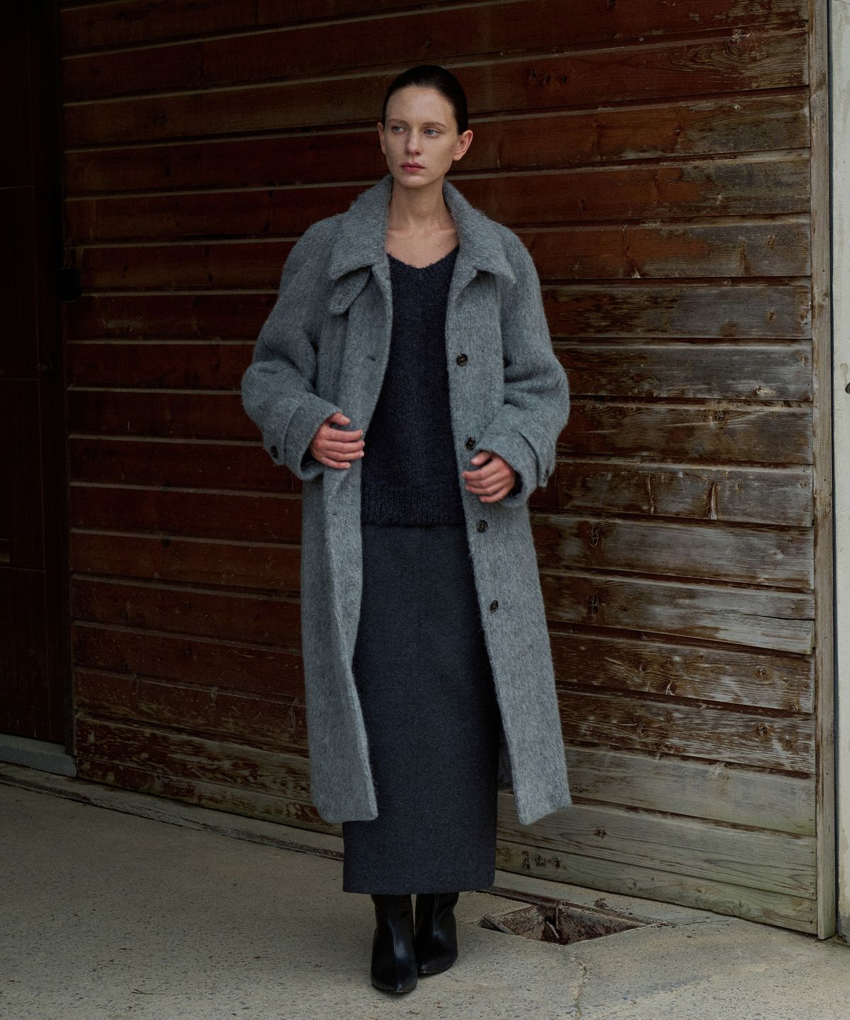 라메레이(LAMEREI) Alpaca Balmacan Long Coat[LMBEWICT705]-Gray