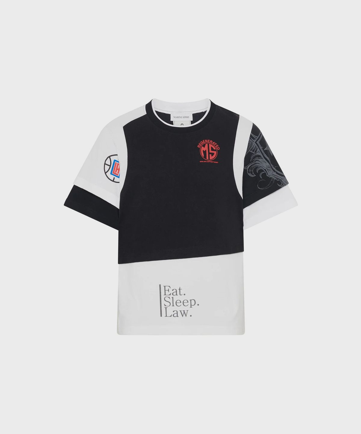 마린 세르(MARINE SERRE) (M) 리제네레이티드 그래픽 저지 레이어드 티셔츠 화이트 블랙 REGENERATED GRAPHIC JERSEY LAYERED T-SHIRT WH11 WHITE/BLACK
