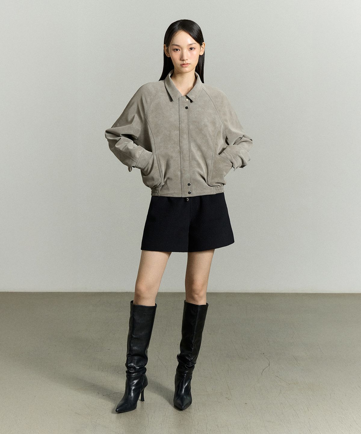 리이(RE RHEE) SNAP BUTTON FAUX LEATHER JACKET ASH GRAY