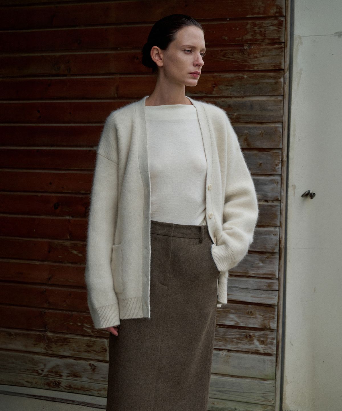 라메레이(LAMEREI) Wool Maxi H-line Skirt[LMBEWISK408]-Brown