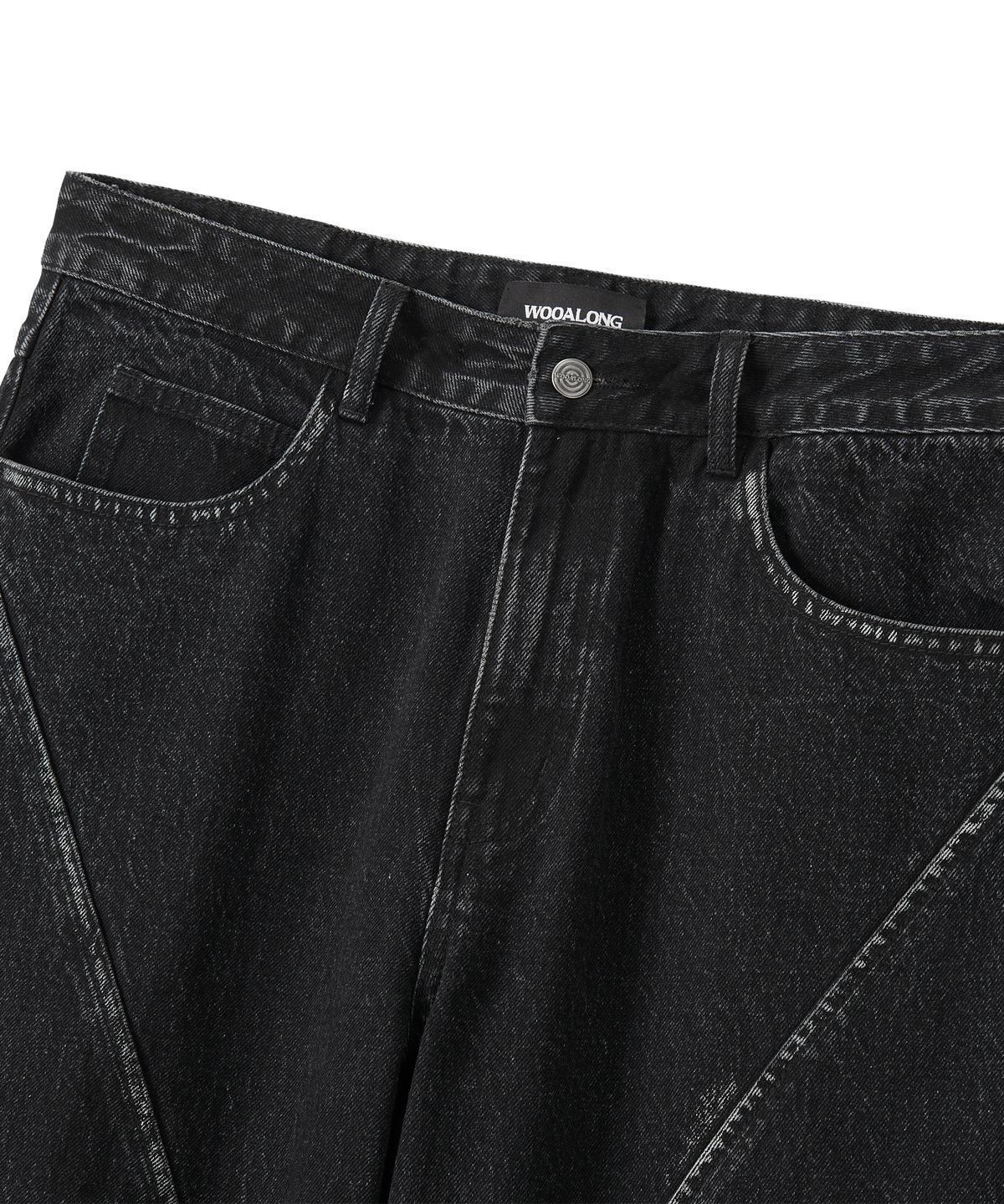 우알롱(WOOALONG) Grain Curved Seam Washed Denim Pants - BLACK