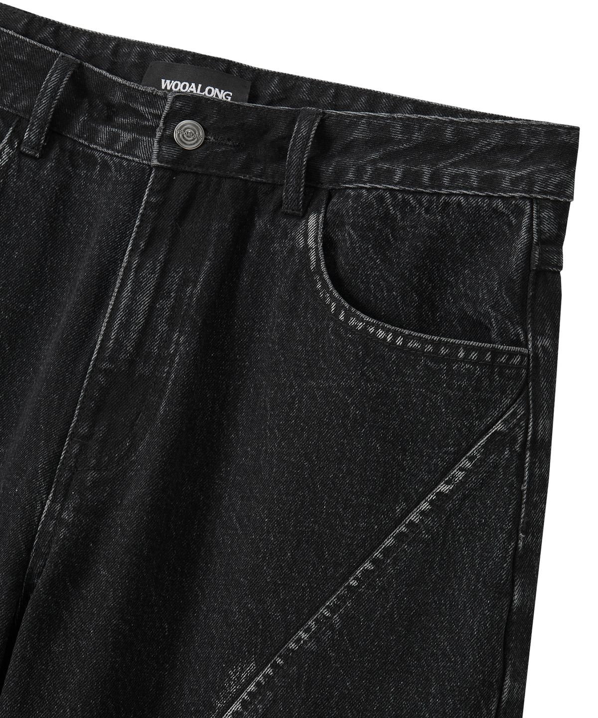 우알롱(WOOALONG) Grain Curved Seam Washed Denim Pants - BLACK
