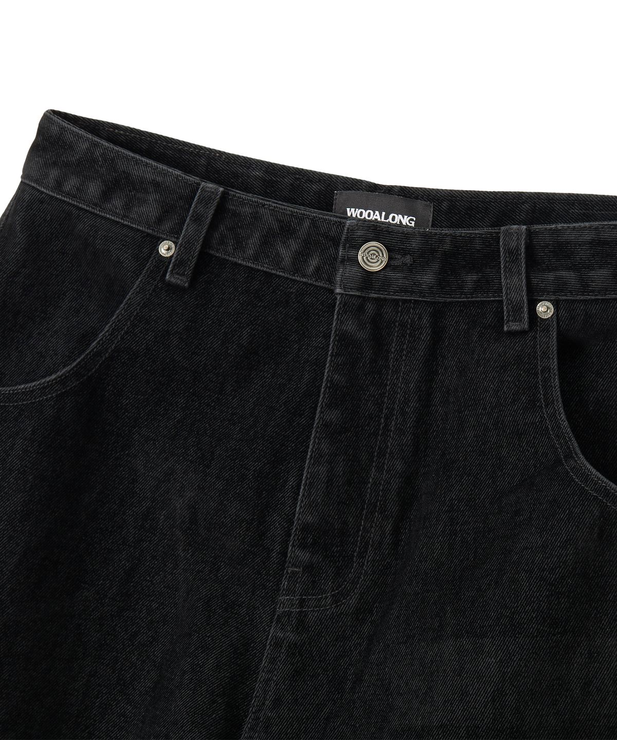 우알롱(WOOALONG) Velvet Stitch Curve Balloon Wide Denim Pants - BLACK