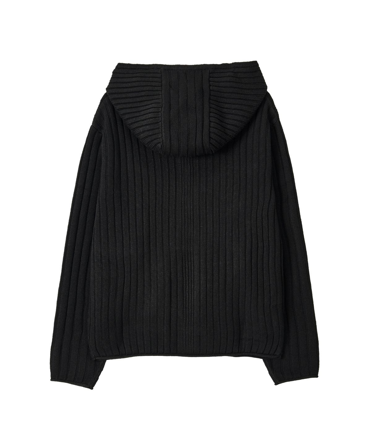 우알롱(WOOALONG) Rib Knit Hoodie Zip-Up - BLACK