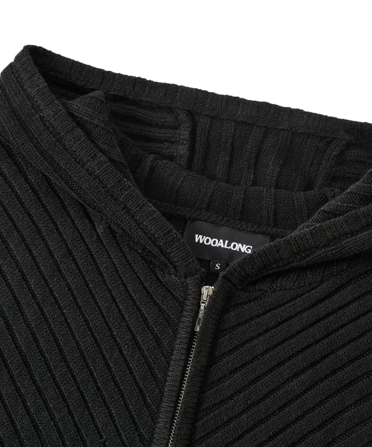 우알롱(WOOALONG) Rib Knit Hoodie Zip-Up - BLACK