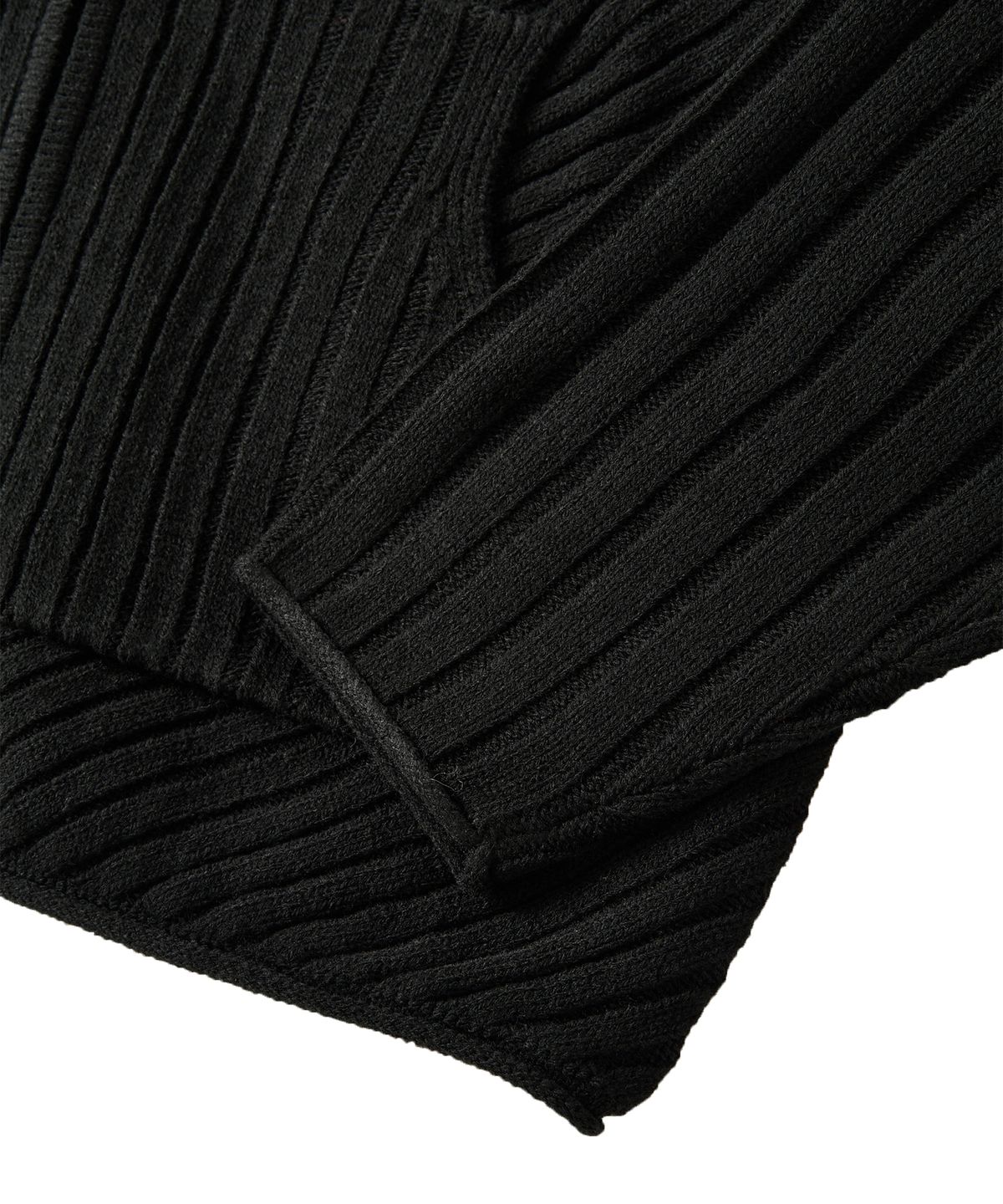 우알롱(WOOALONG) Rib Knit Hoodie Zip-Up - BLACK
