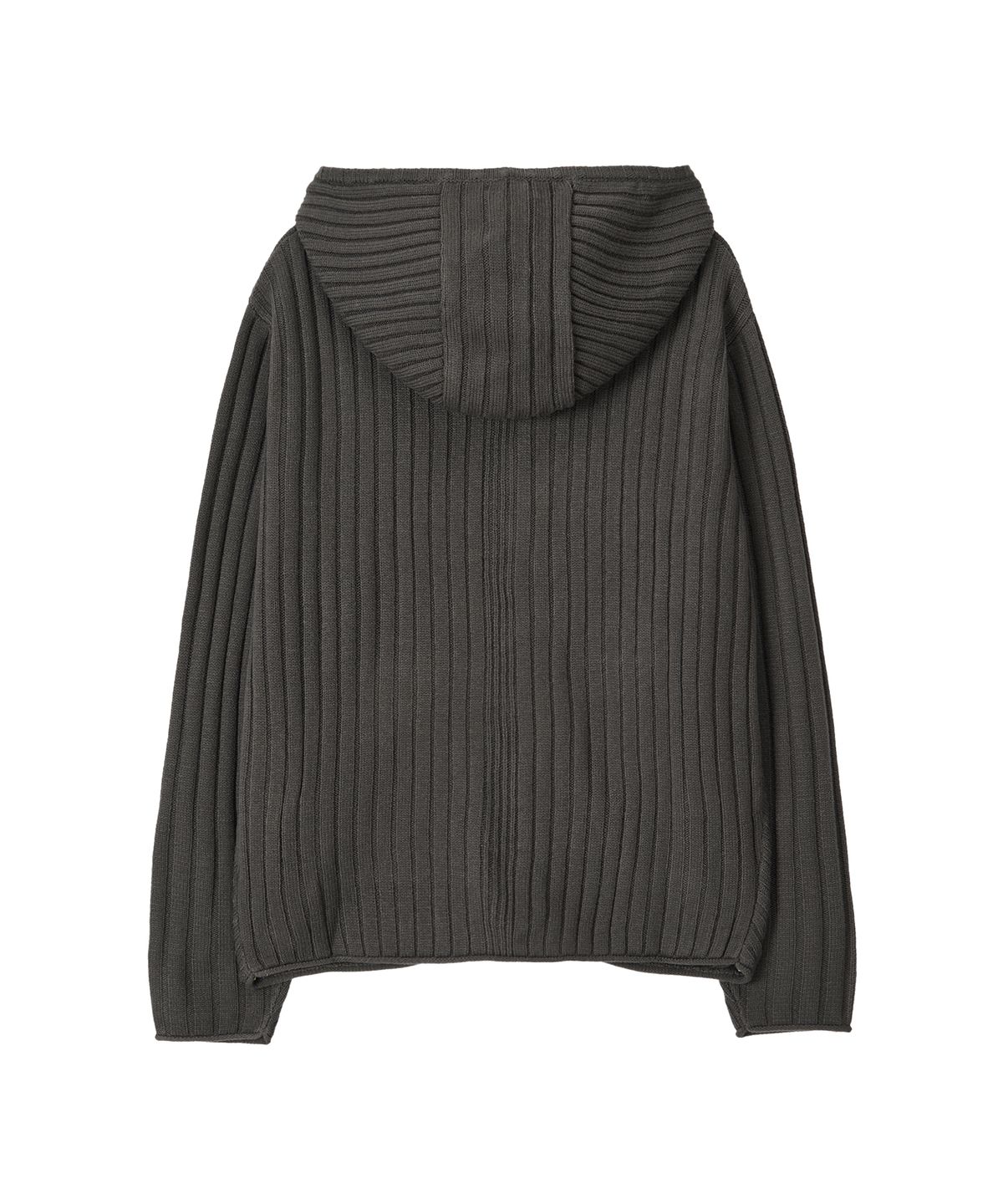 우알롱(WOOALONG) Rib Knit Hoodie Zip-Up - CHARCOAL