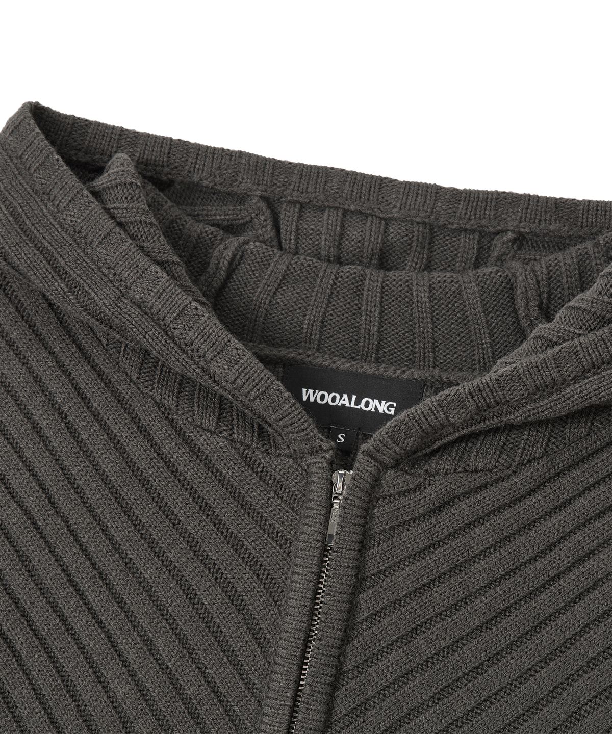 우알롱(WOOALONG) Rib Knit Hoodie Zip-Up - CHARCOAL