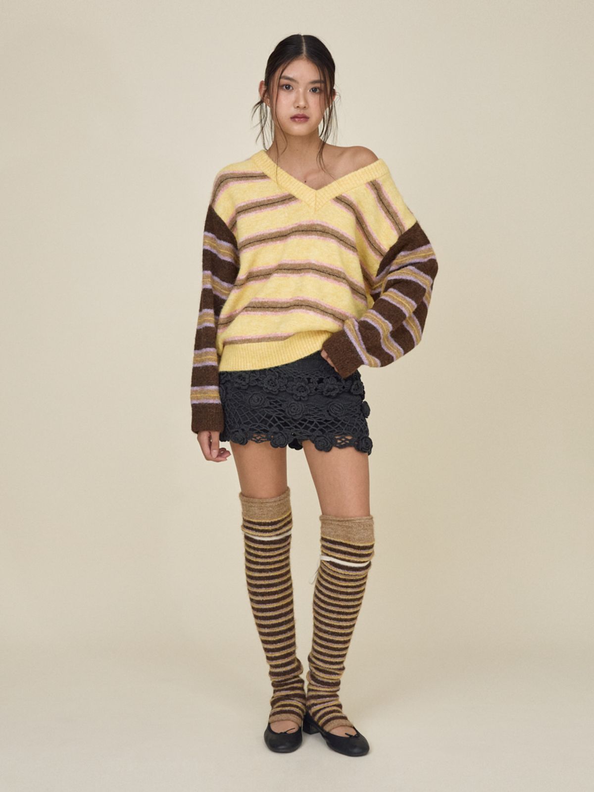 글로니(GLOWNY) SUNDAE STRIPE KNIT WARMER (BROWN)