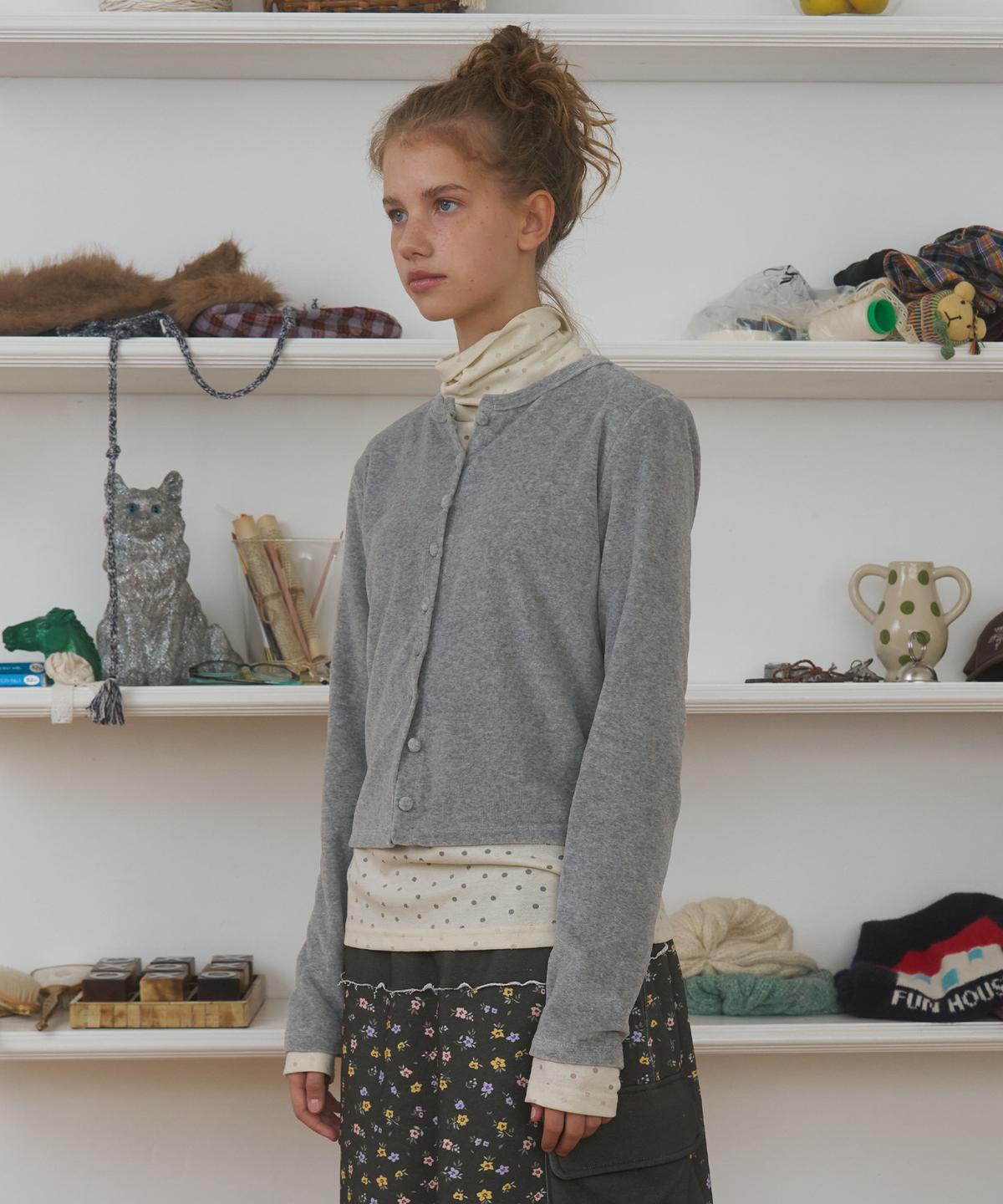 펀프롬펀(FUNFROMFUN) Buttons Velour Cardigan, Melange Grey