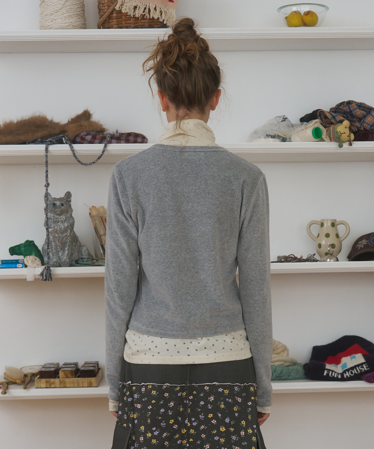펀프롬펀(FUNFROMFUN) Buttons Velour Cardigan, Melange Grey