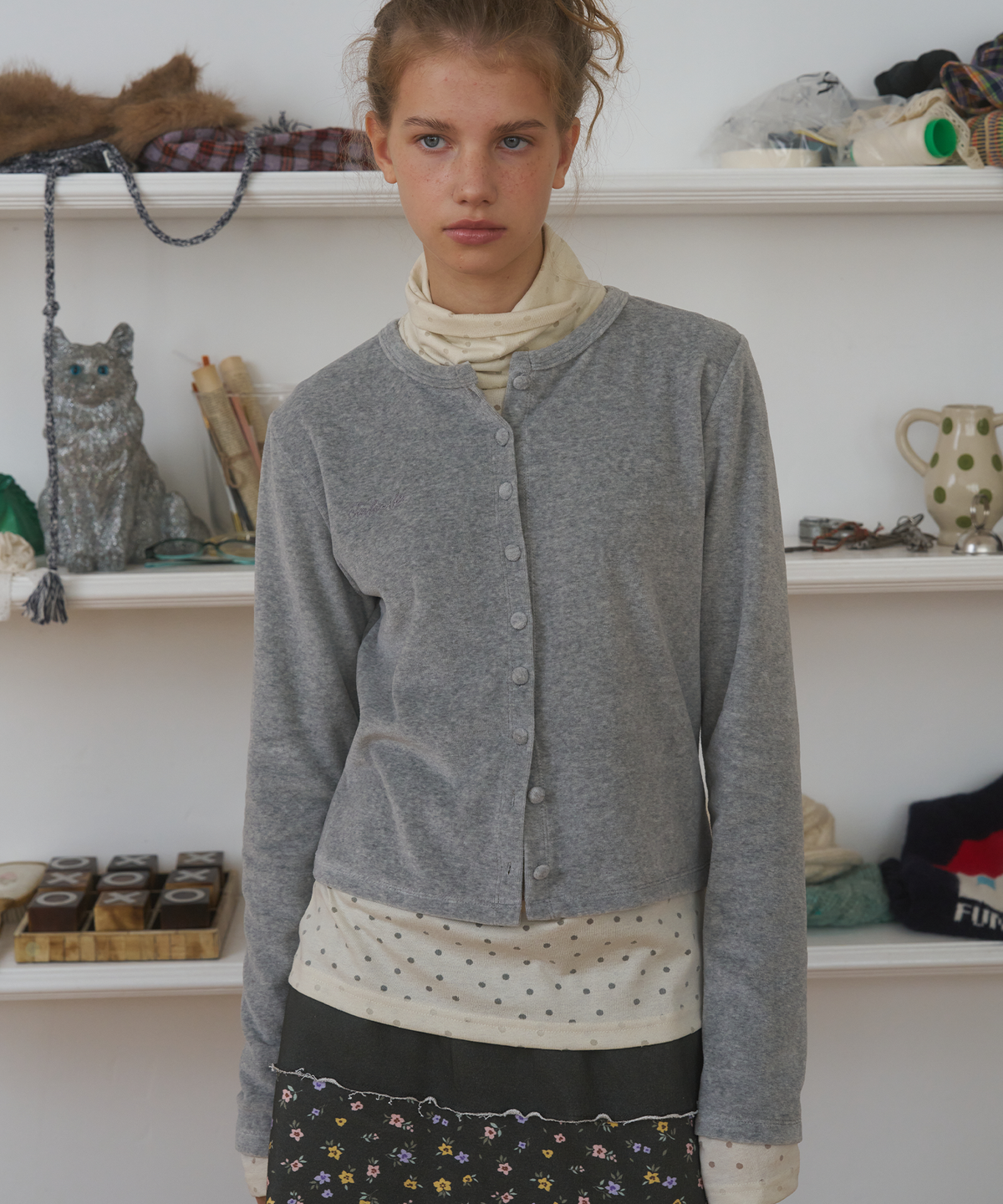 펀프롬펀(FUNFROMFUN) Buttons Velour Cardigan, Melange Grey
