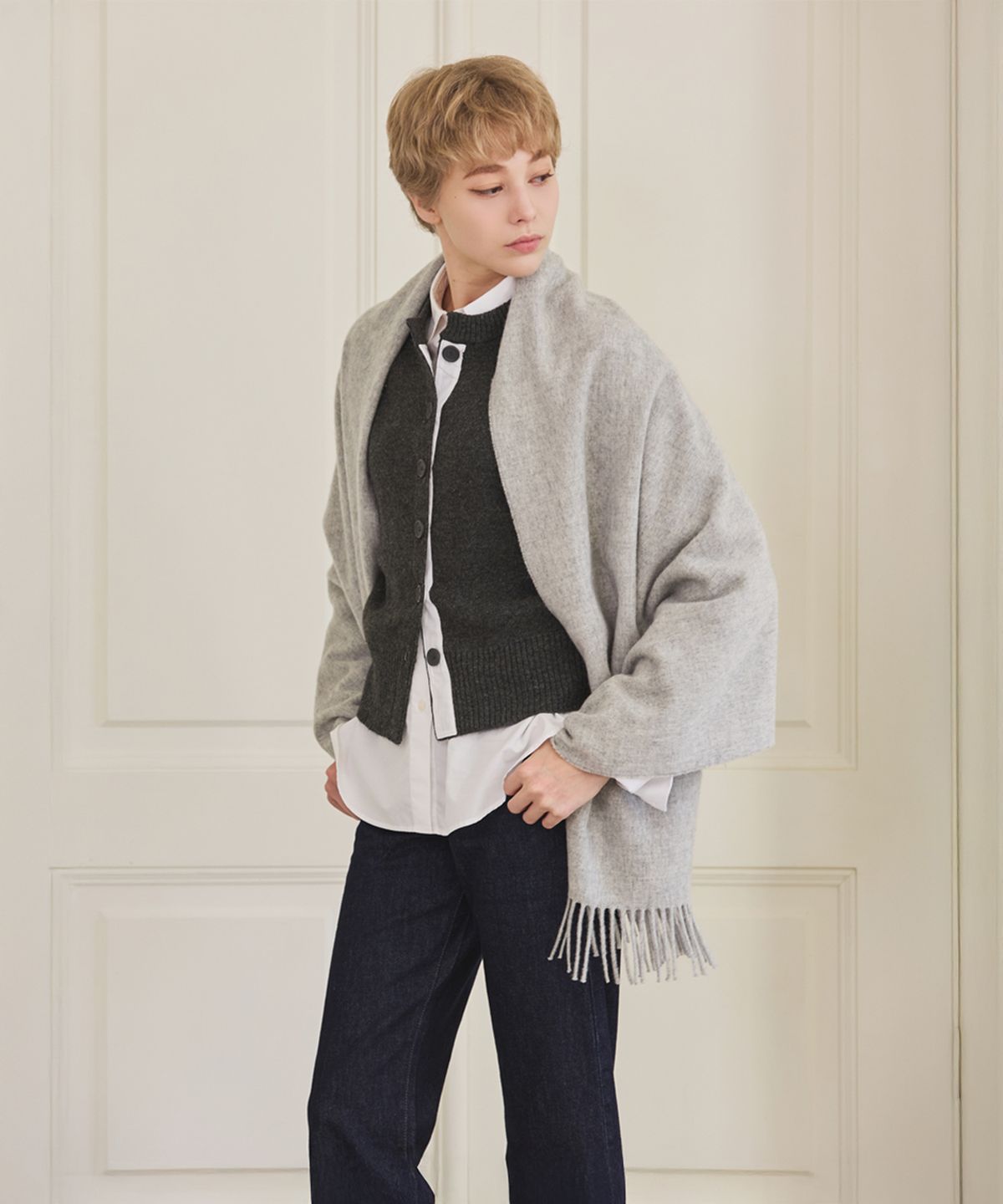 아브라함문(ABRAHAM MOON) 메리노울 숄 70cm - 실버