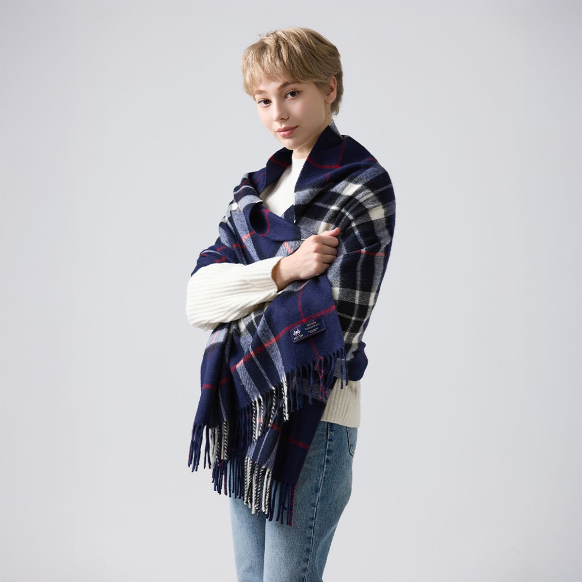 아브라함문(ABRAHAM MOON) 메리노울 숄 70cm - 네이비 톰슨