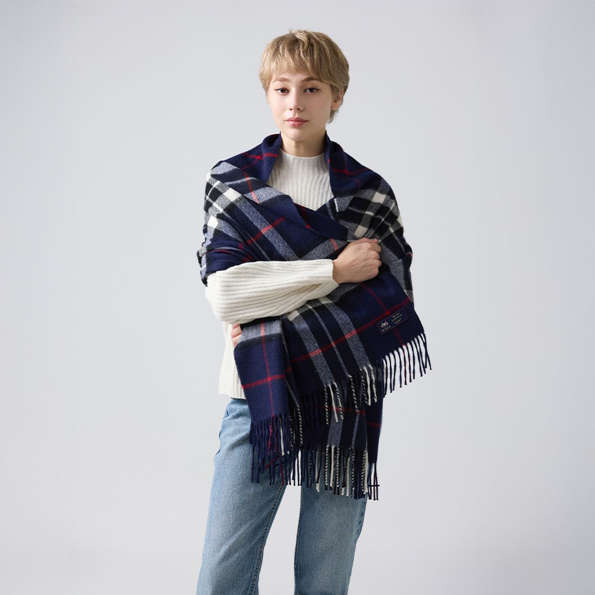 아브라함문(ABRAHAM MOON) 메리노울 숄 70cm - 네이비 톰슨