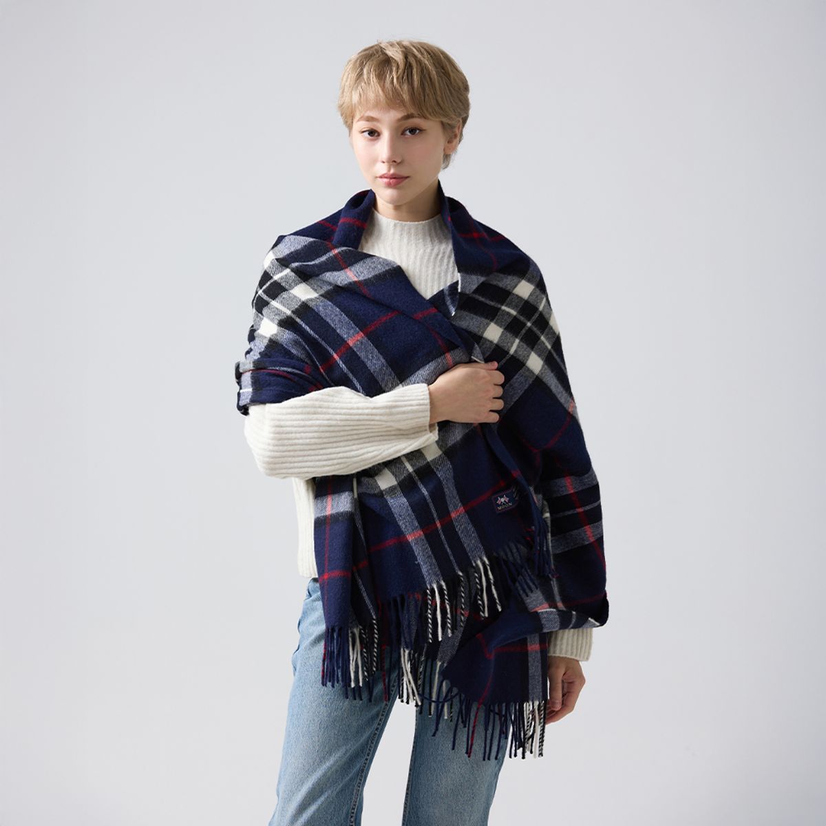 아브라함문(ABRAHAM MOON) 메리노울 숄 70cm - 네이비 톰슨