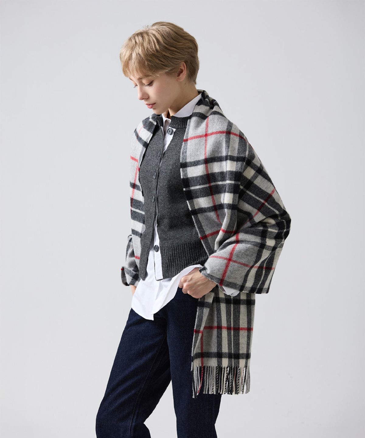 아브라함문(ABRAHAM MOON) 메리노울 숄 70cm - 그레이 톰슨