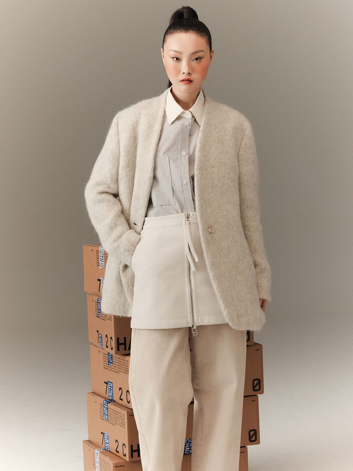하우스공칠이씨(HAUS072C) TWO-TONE LAYERED SKIRT LIGHT BEIGE