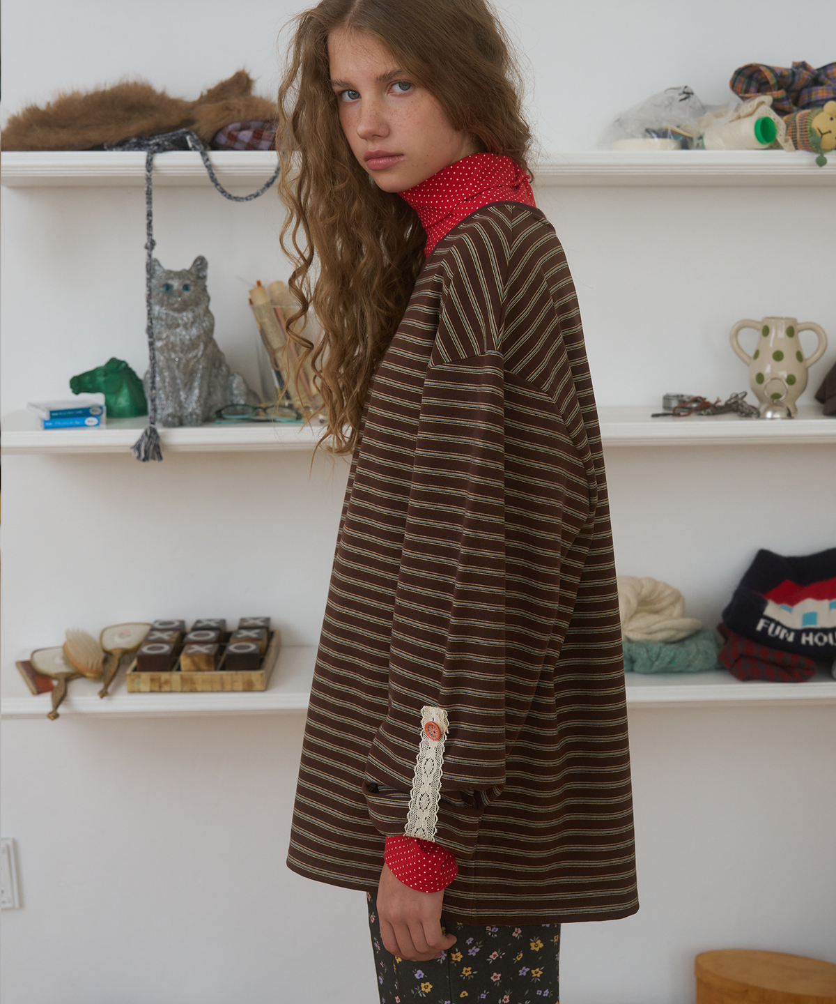 펀프롬펀(FUNFROMFUN) Loose Fit Stripe Tee, Brown