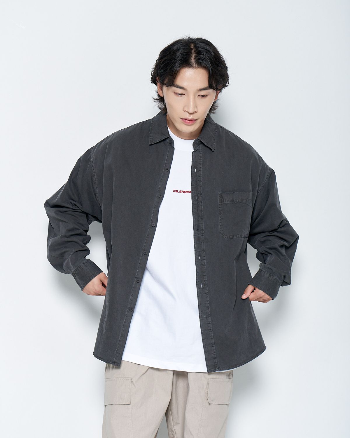 피에스쇼퍼(PSSHOPPER) 피그먼트 고밀도 데미지 셔츠[다크 그레이]