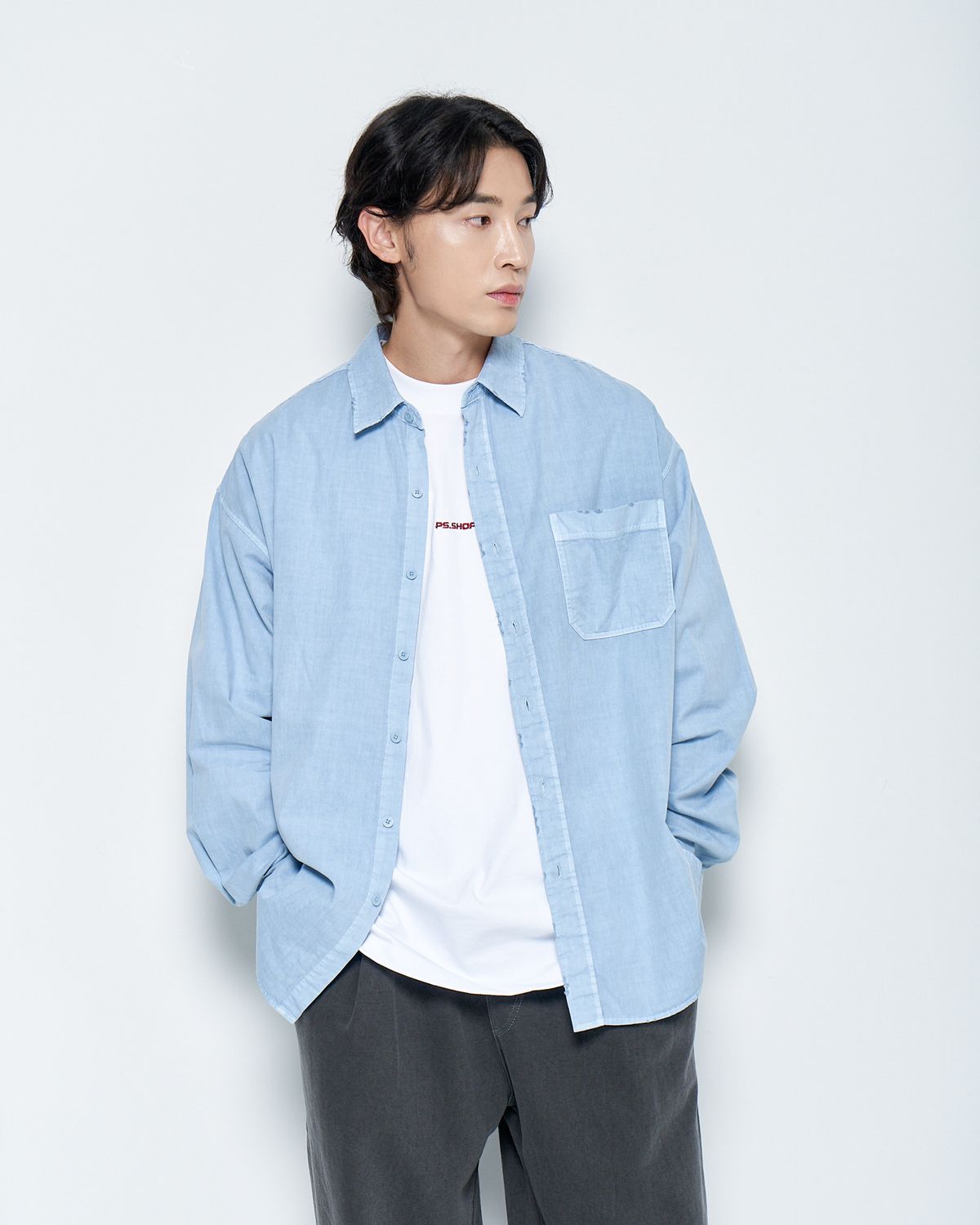 피에스쇼퍼(PSSHOPPER) 피그먼트 고밀도 데미지 셔츠[스카이]