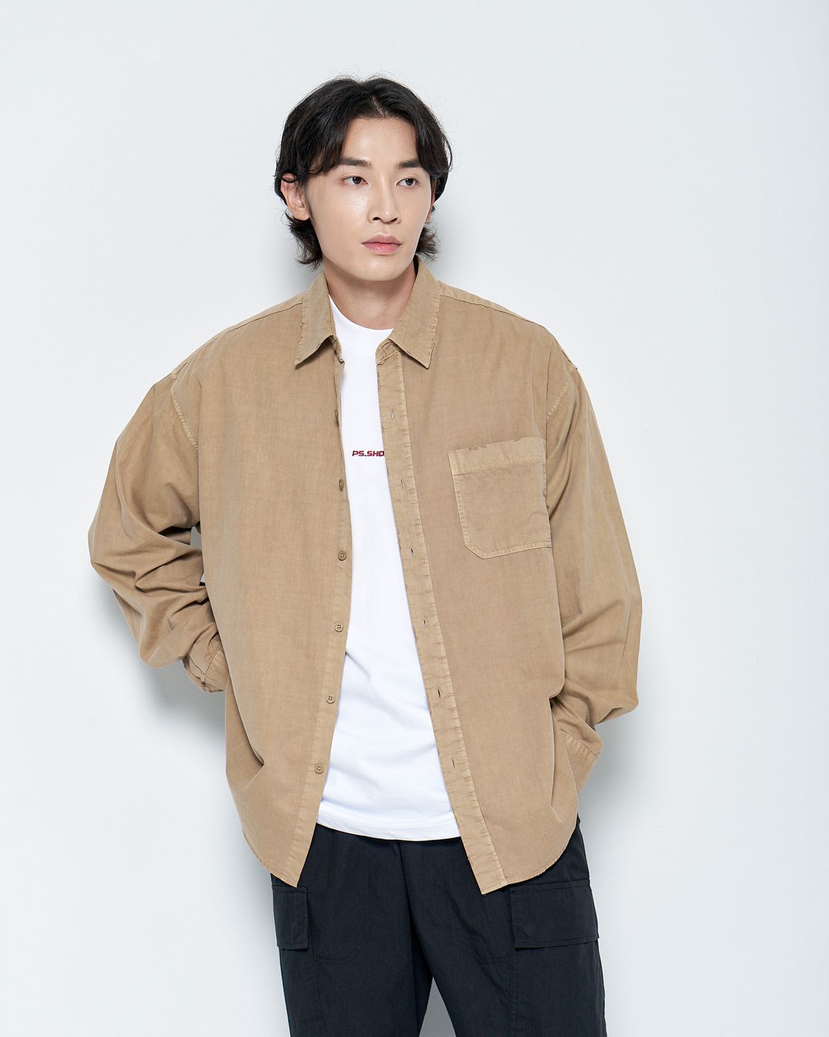 피에스쇼퍼(PSSHOPPER) 피그먼트 고밀도 데미지 셔츠[카멜]