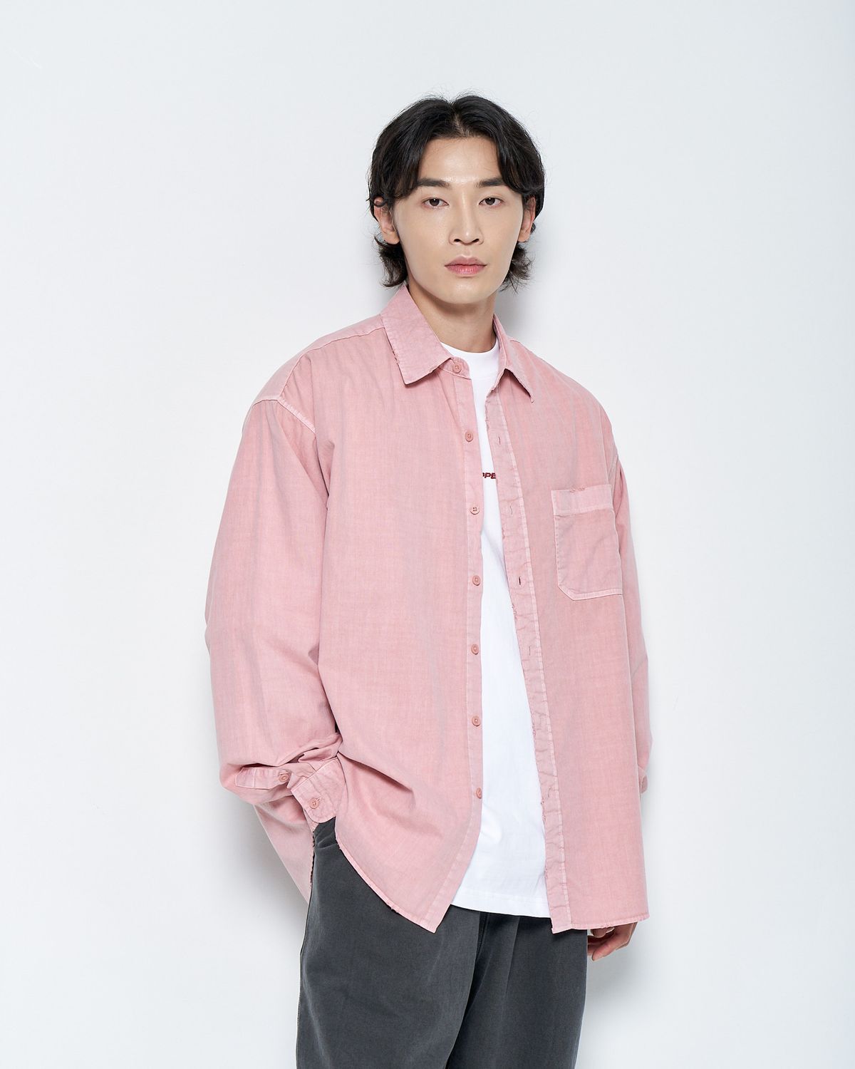 피에스쇼퍼(PSSHOPPER) 피그먼트 고밀도 데미지 셔츠[핑크]