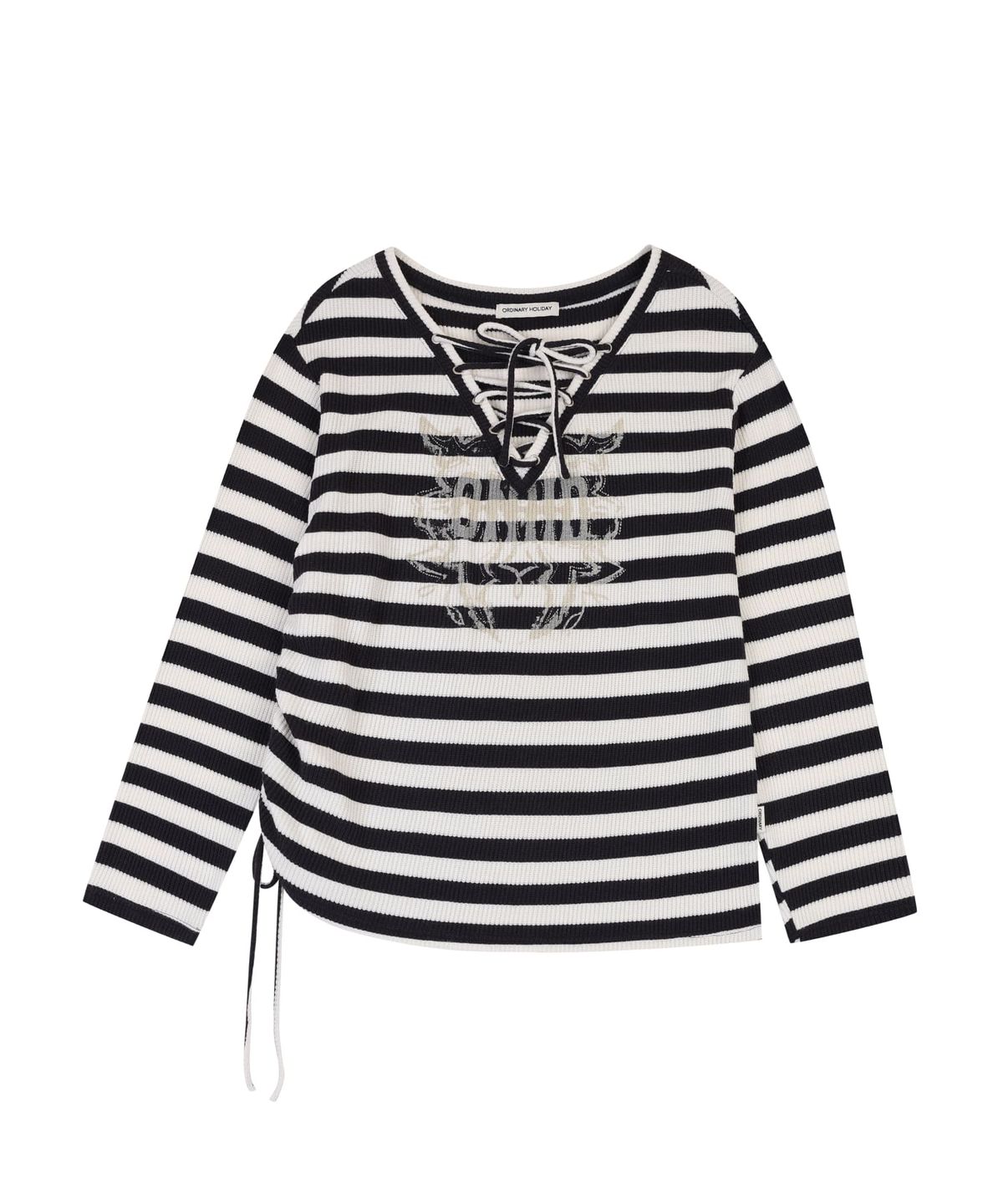 오디너리 홀리데이(ORDINARY HOLIDAY) LACE-UP STRIPE PULLOVER [WHITE]