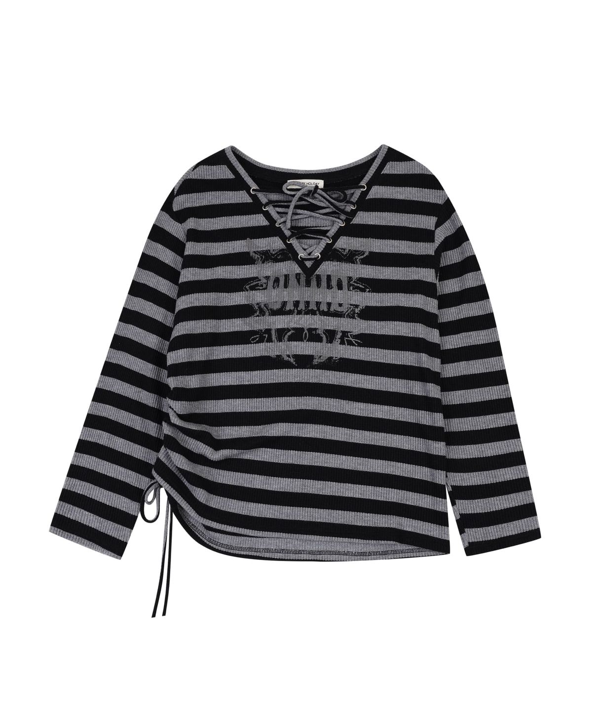 오디너리 홀리데이(ORDINARY HOLIDAY) LACE-UP STRIPE PULLOVER [BLACK]