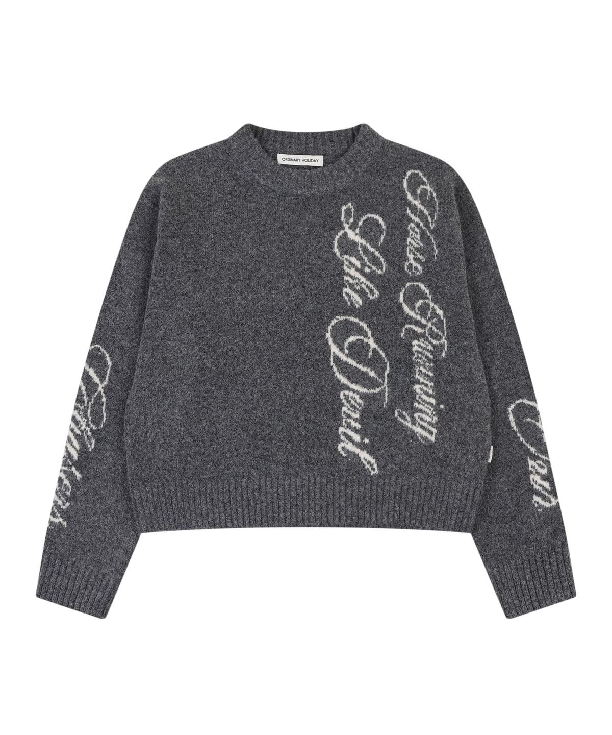 오디너리 홀리데이(ORDINARY HOLIDAY) LETTERING JACQUARD PULLOVER [CHARCOAL]