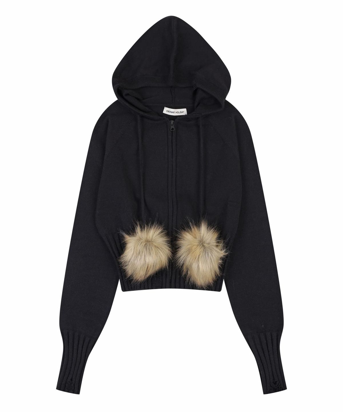 오디너리 홀리데이(ORDINARY HOLIDAY) POM-POM KNIT HOOD ZIP-UP [BLACK]